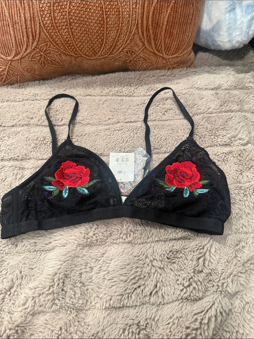 Topshop Black Lace Bralette with Red Rose Appliqué